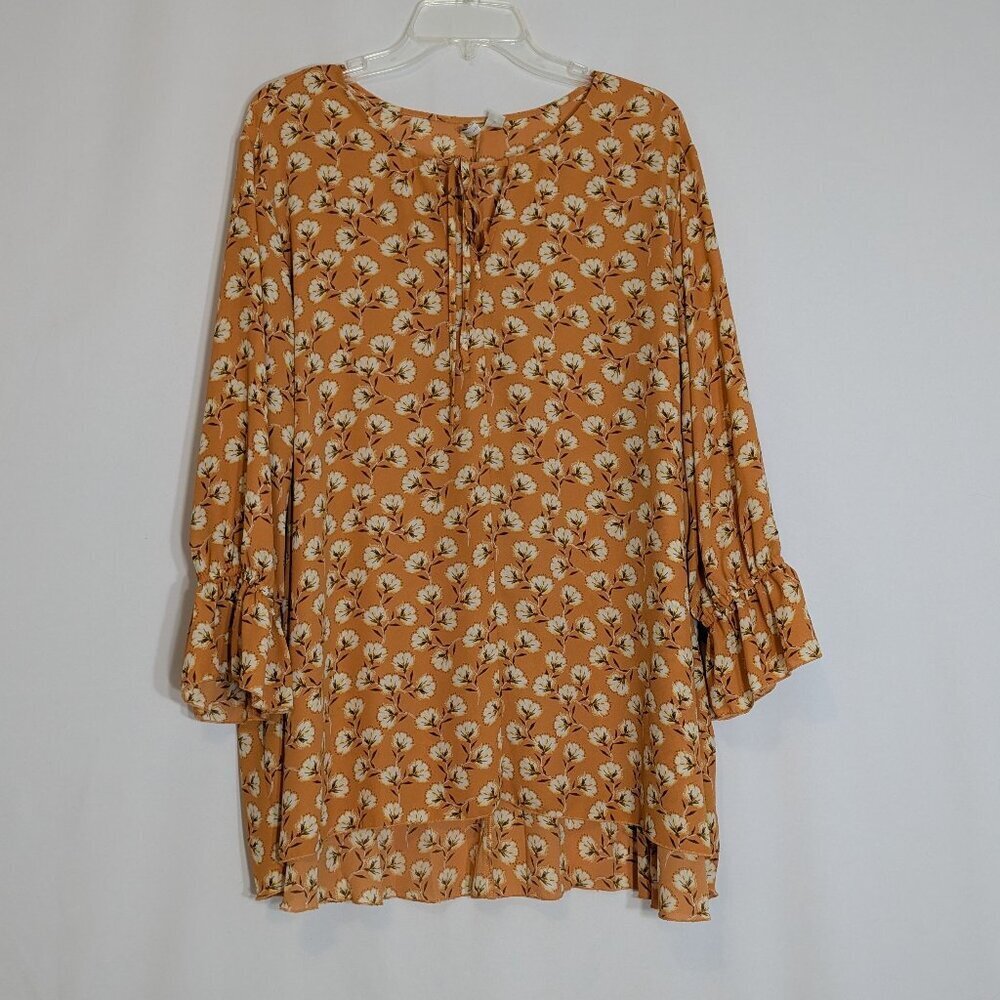 CATO EST 1946 Tan Floral Chiffon 3/4 Sleeve Pullover Peasant Top; Size 18/20W
